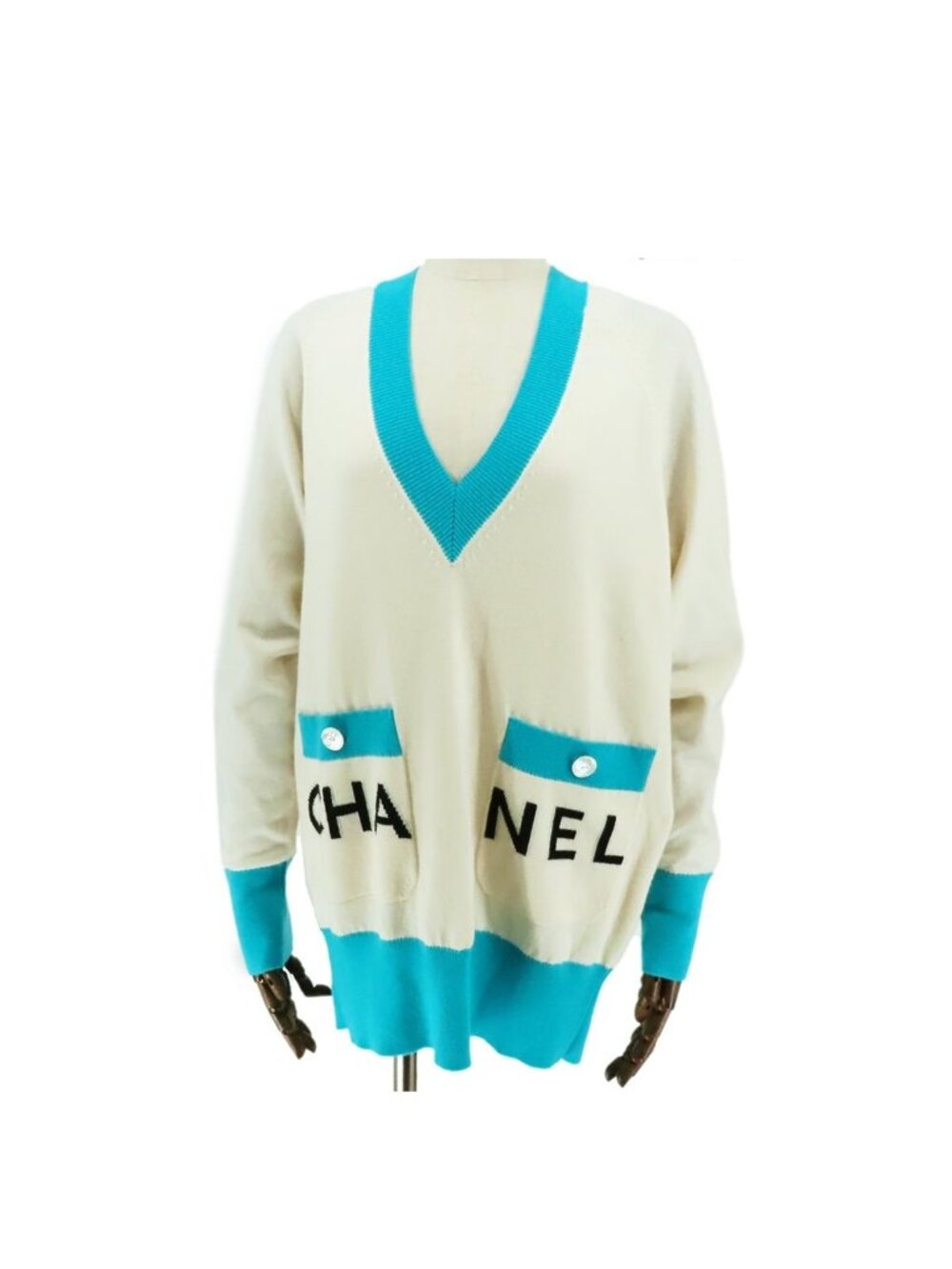 Chanel V-n White Light Blue Cashmere Long Length Top 34